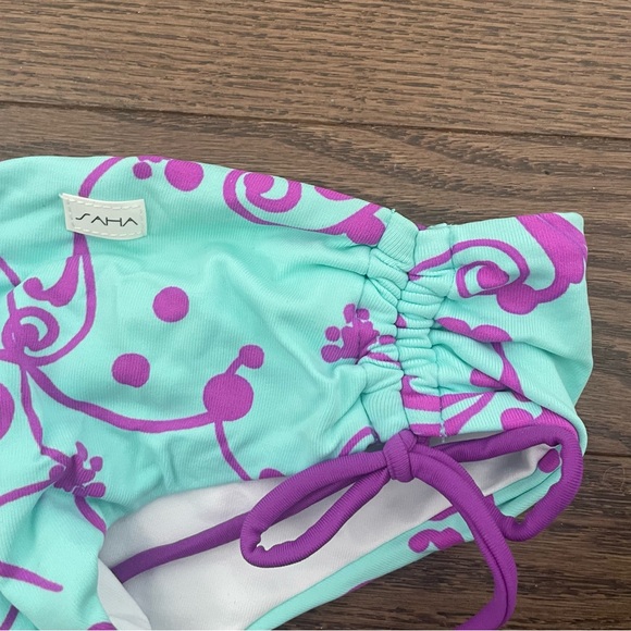 Saha Bikini Swim Set / Bandeau Halter, Ruched Hipster - Turquoise & Purple Print - Picture 7 of 15